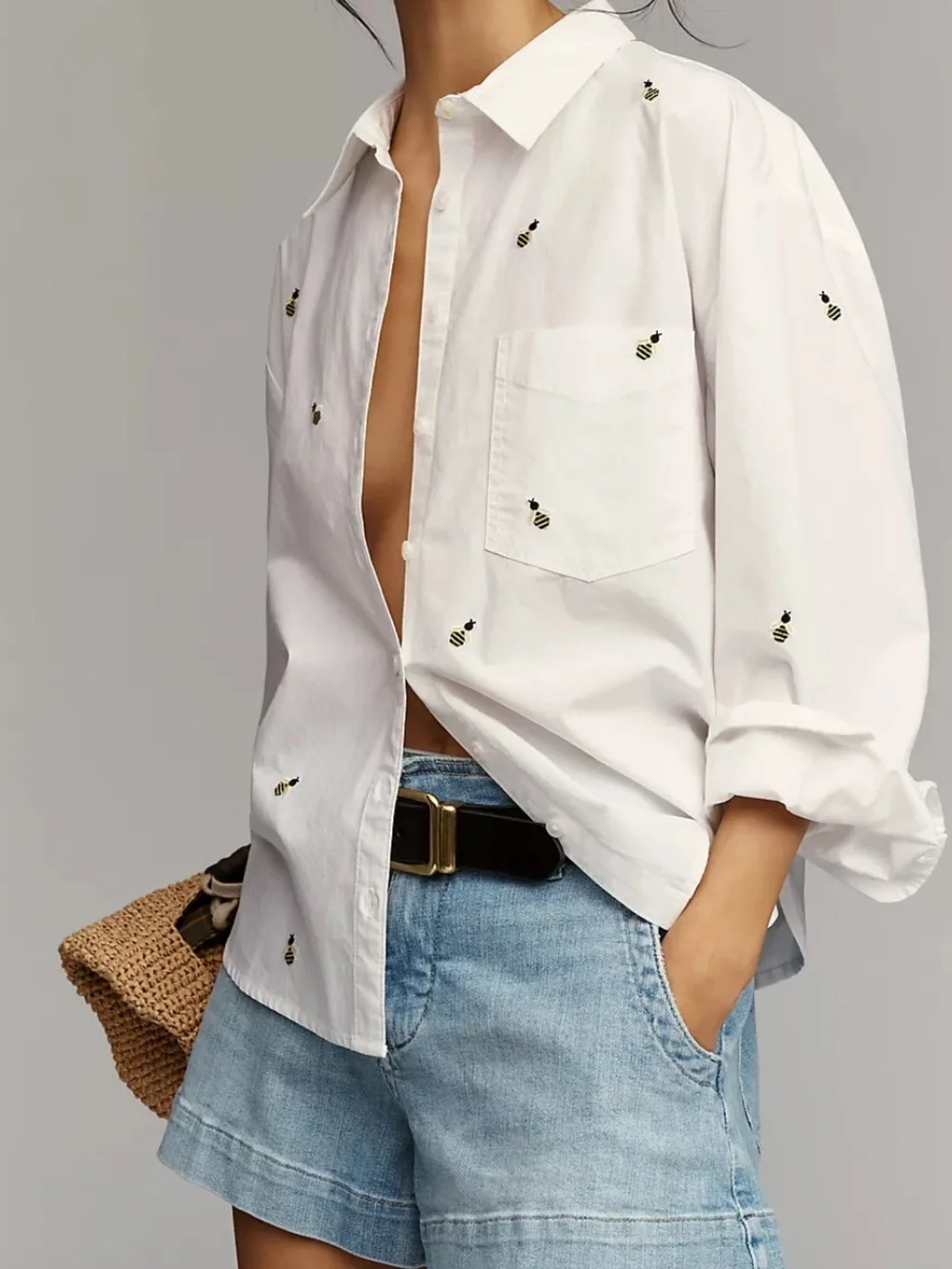 Maeve White Button-Down Shirt with Bee Embroidery - Picture 3 of 9